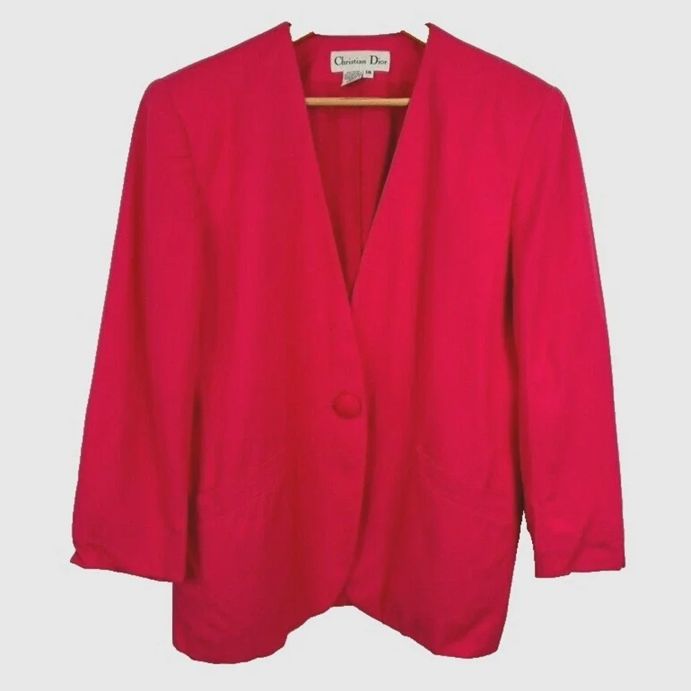 VTG Christian Dior Pink Jacket Blazer Sz 14 One Button Pockets Shoulder Pads